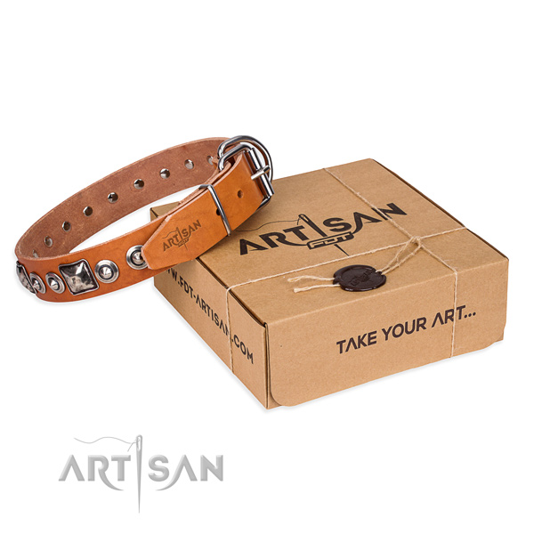 Full grain leather dog collar made of soft material with corrosion resistant traditional buckle