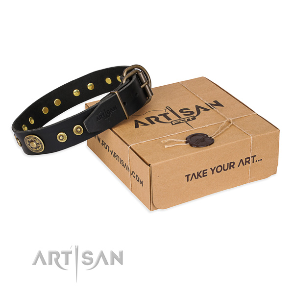 Natural genuine leather dog collar made of flexible material with rust-proof fittings