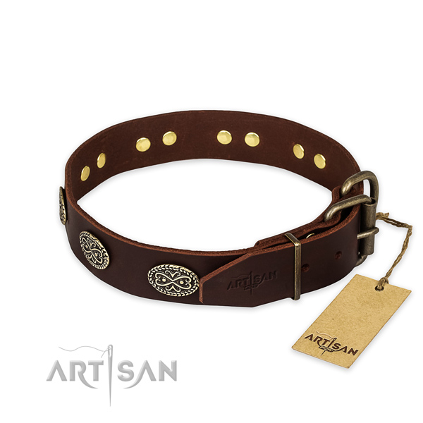 Corrosion resistant fittings on full grain leather collar for your handsome doggie