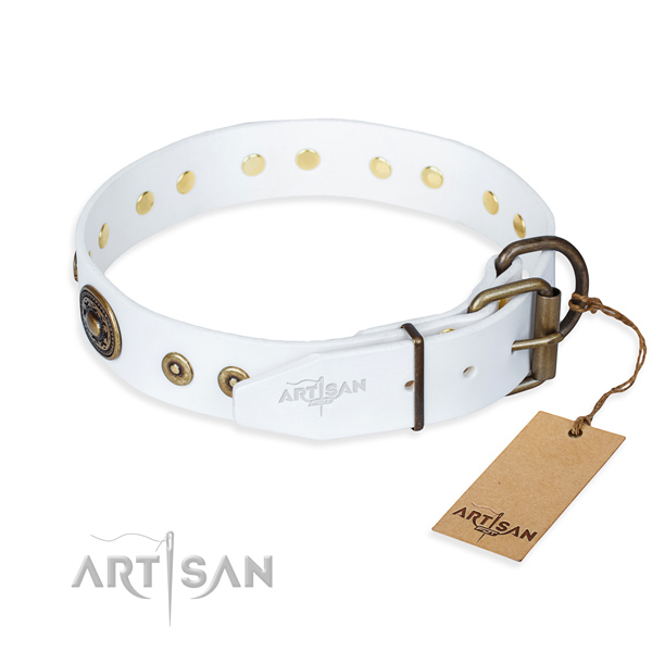Natural genuine leather dog collar made of gentle to touch material with corrosion proof studs