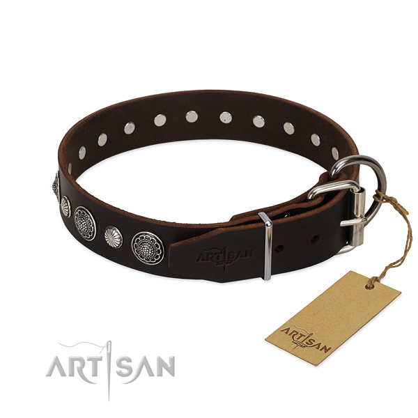 Reliable natural leather dog collar with top notch adornments