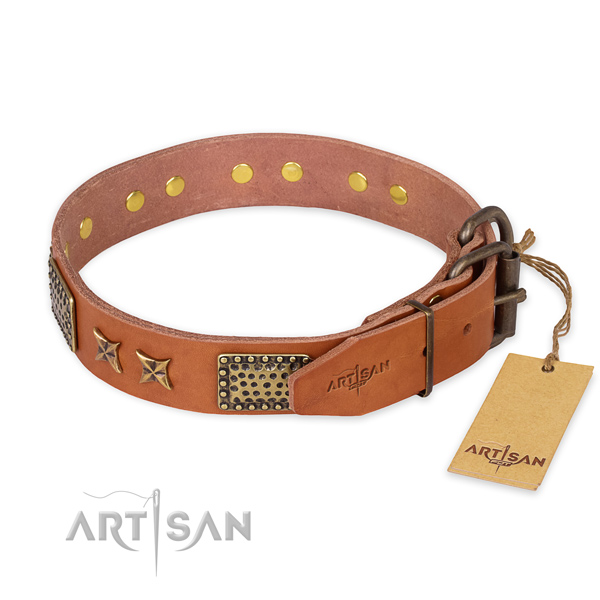 Rust-proof D-ring on full grain natural leather collar for your lovely canine