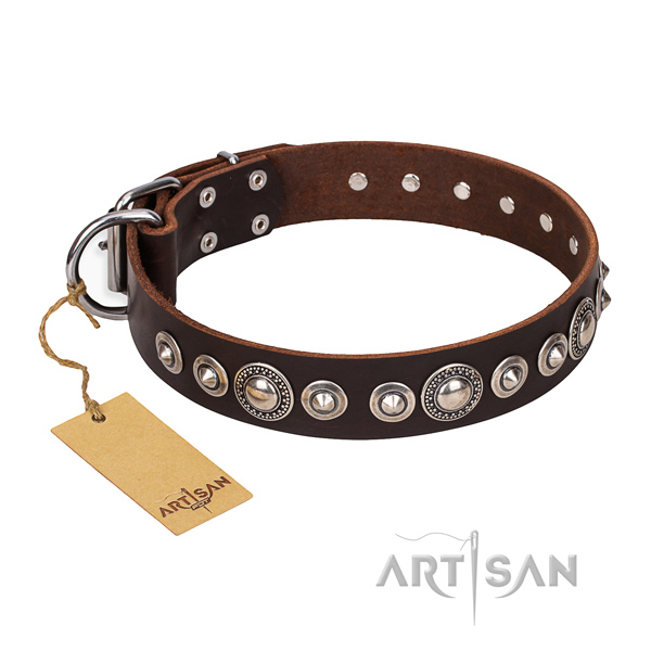 Leather dog collar made of quality material with corrosion resistant embellishments
