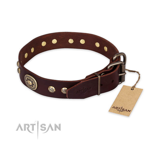 Durable hardware on full grain natural leather collar for basic training your doggie