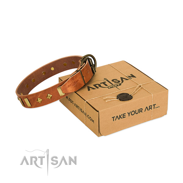 Handy use soft natural leather dog collar with adornments