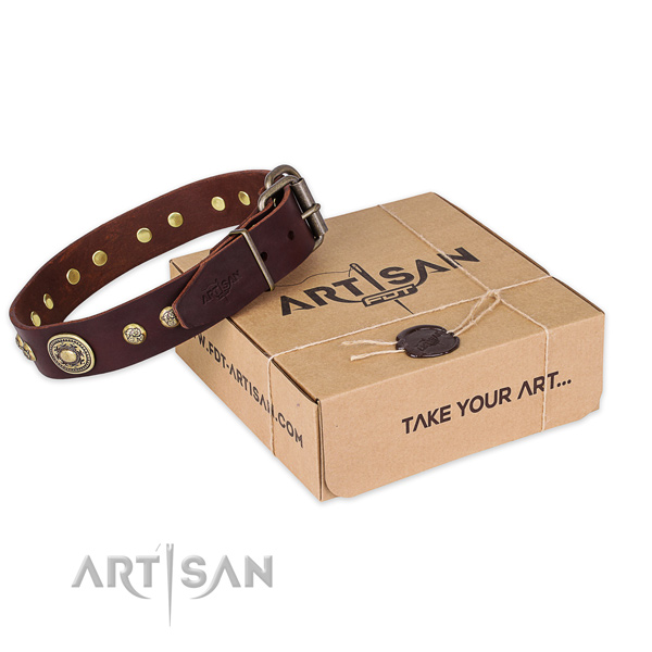 Corrosion proof traditional buckle on genuine leather dog collar for comfortable wearing