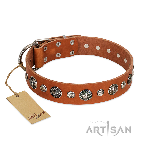 Soft to touch leather dog collar with corrosion resistant traditional buckle