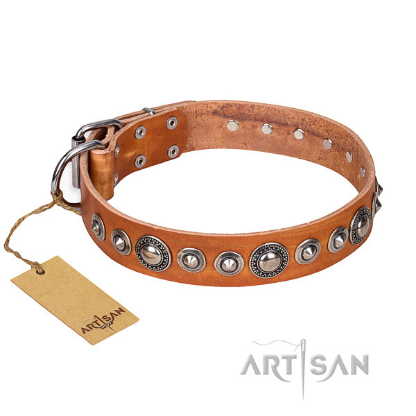 Genuine leather dog collar made of quality material with corrosion proof hardware