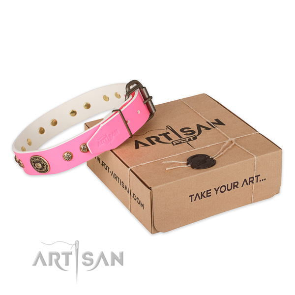 Reliable fittings on natural genuine leather dog collar for comfortable wearing