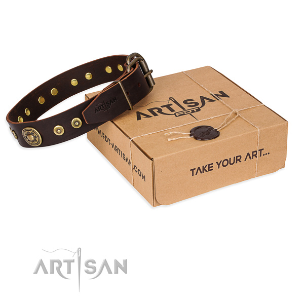 Full grain natural leather dog collar made of top rate material with rust-proof hardware