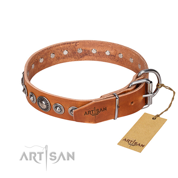 Genuine leather dog collar made of gentle to touch material with durable embellishments