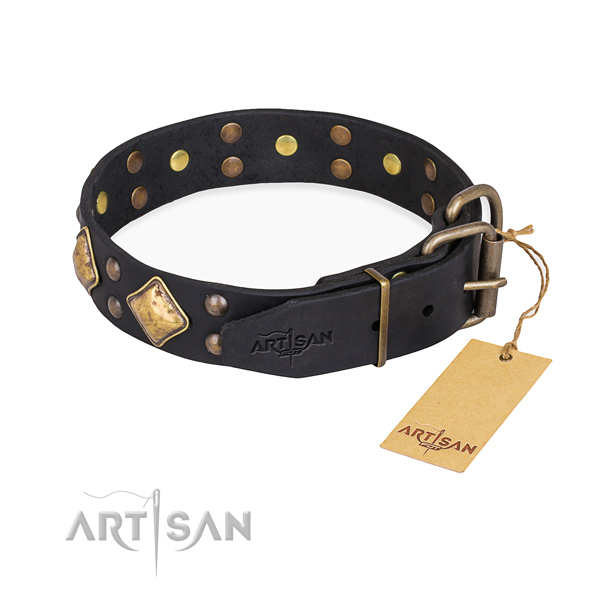 Natural genuine leather dog collar with inimitable durable decorations
