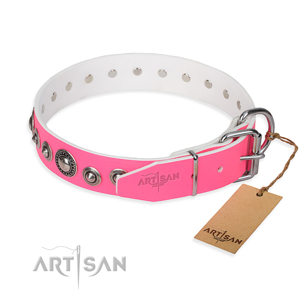 Full grain leather dog collar made of top notch material with corrosion resistant adornments
