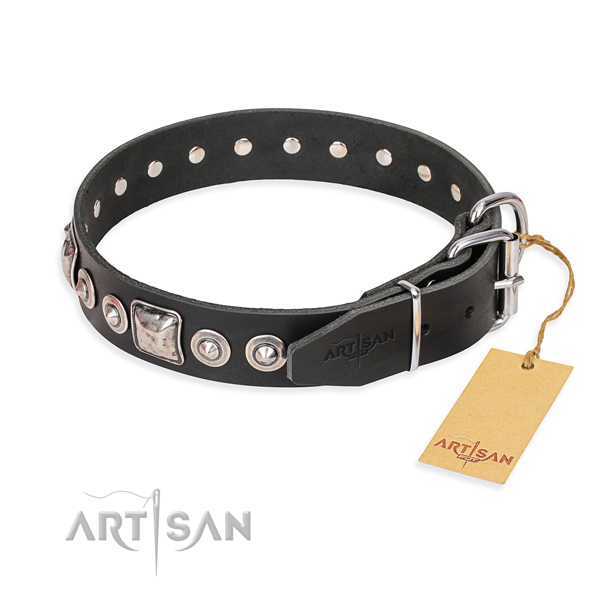 Full grain natural leather dog collar made of reliable material with corrosion proof studs
