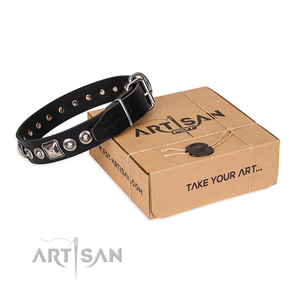 Natural genuine leather dog collar made of soft to touch material with durable traditional buckle