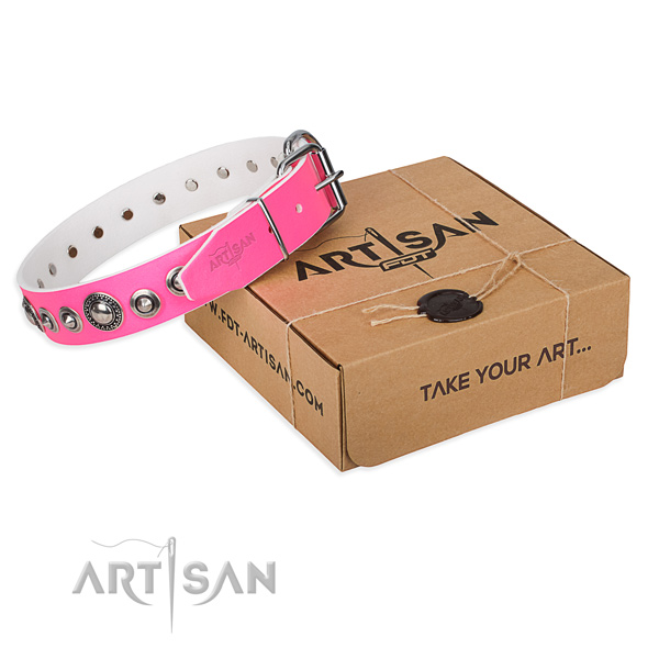 Full grain leather dog collar made of soft material with rust-proof hardware