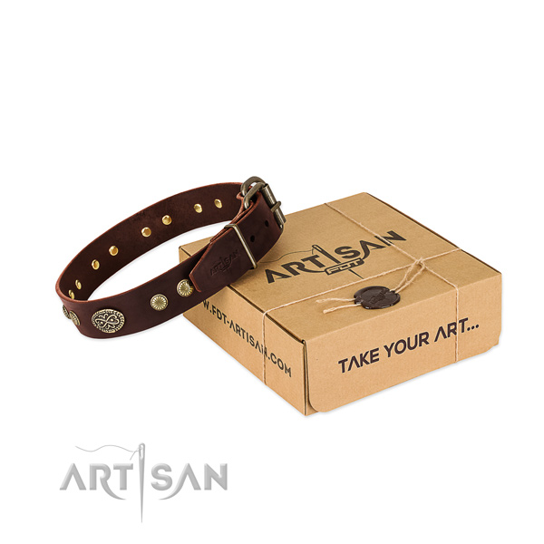 Corrosion resistant buckle on full grain leather dog collar for your four-legged friend