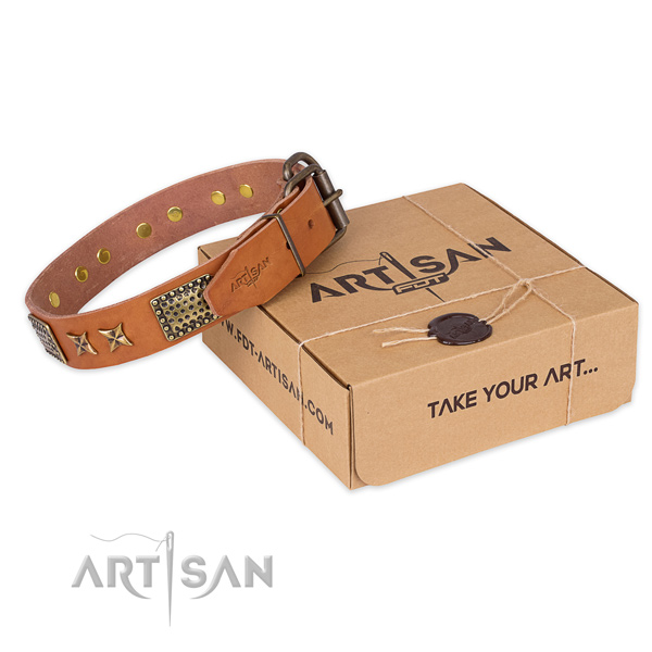 Strong hardware on natural genuine leather collar for your beautiful pet