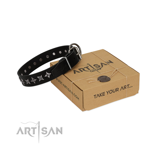 Everyday use dog collar of durable natural leather with decorations