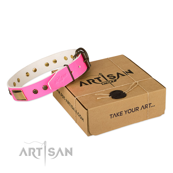 Embellished genuine leather collar for your stylish four-legged friend