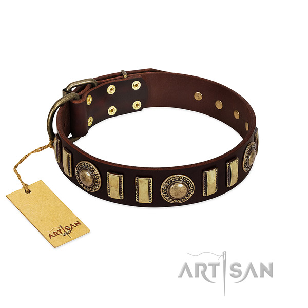 Flexible natural leather dog collar with corrosion resistant D-ring