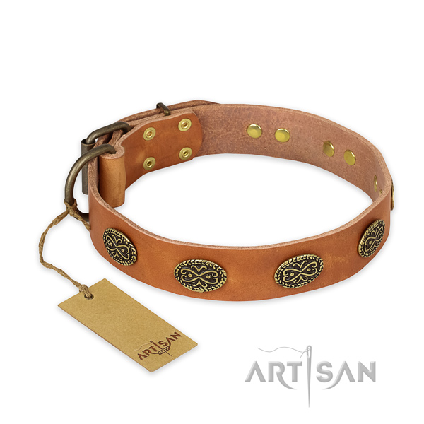 Convenient full grain natural leather dog collar with corrosion proof hardware