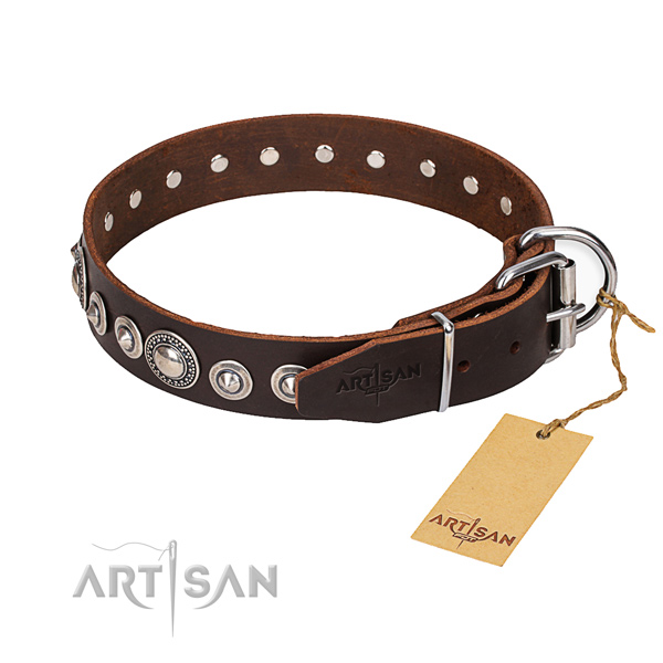 Genuine leather dog collar made of gentle to touch material with corrosion resistant traditional buckle