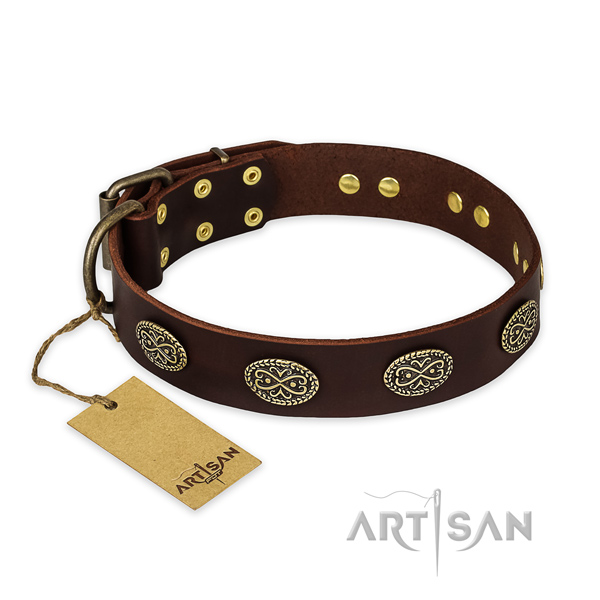 Inimitable full grain natural leather dog collar with corrosion proof fittings