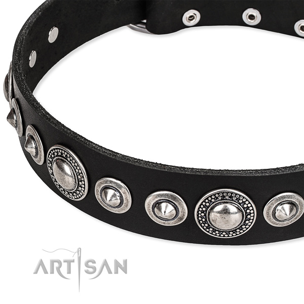 Easy wearing decorated dog collar of strong full grain leather