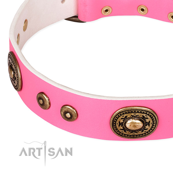 Natural genuine leather dog collar made of quality material with adornments