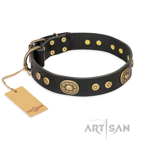 Adorned dog collar made of flexible genuine leather