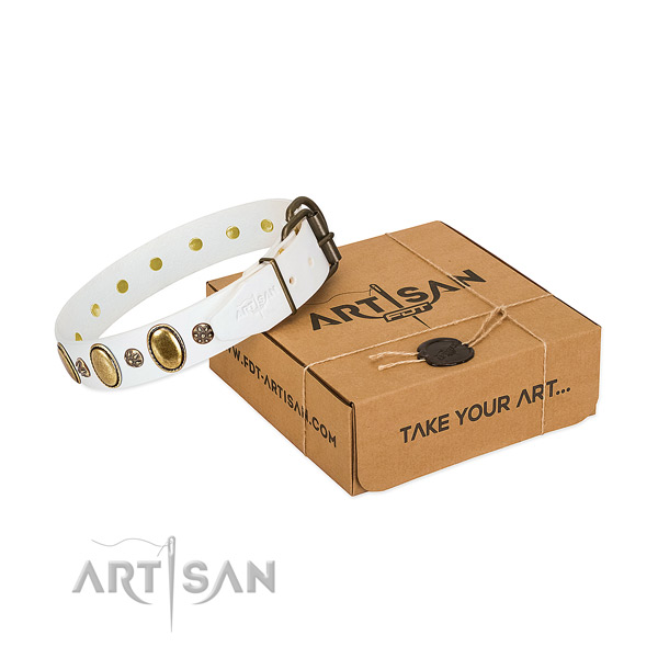 Comfy wearing quality genuine leather dog collar with adornments