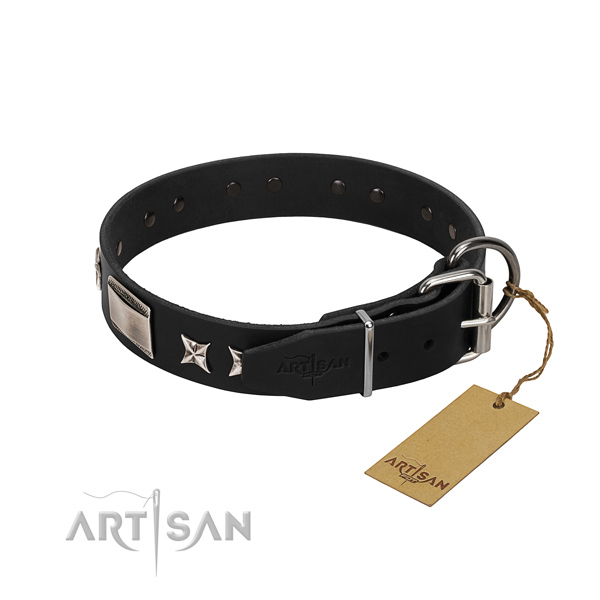 Soft genuine leather dog collar with rust-proof hardware