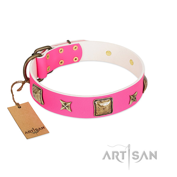 Full grain leather dog collar of soft to touch material with amazing adornments