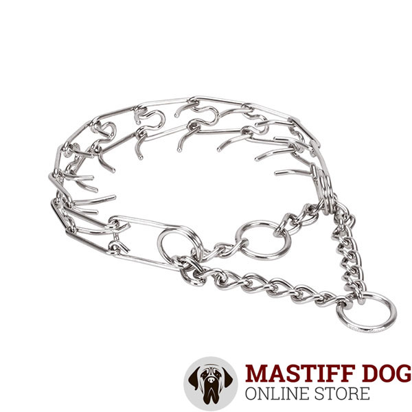 Pinch collar of corrosion resistant stainless steel for ill behaved dogs