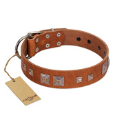 "Egyptian Gifts" Handmade FDT Artisan Tan Leather Mastiff Collar with Chrome-plated Pyramids
