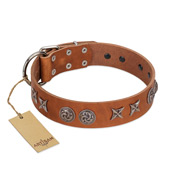 "Brave Spirit" Handmade FDT Artisan Designer Tan Leather Mastiff Collar with Shields